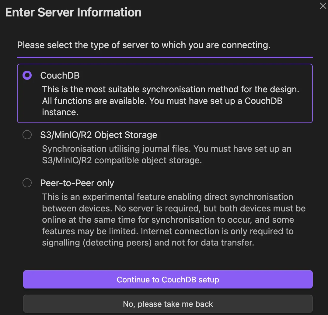 Self-hosted LiveSync Enter Server Information