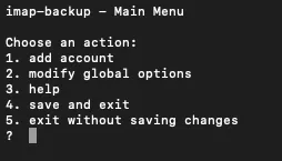 imap-backup main menu