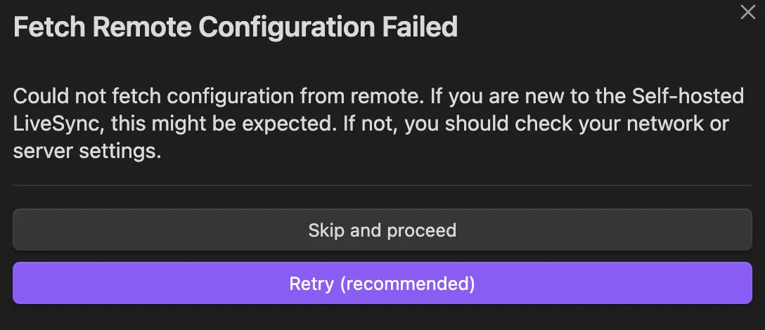 Self-hosted LiveSync Remote Configuration Failed