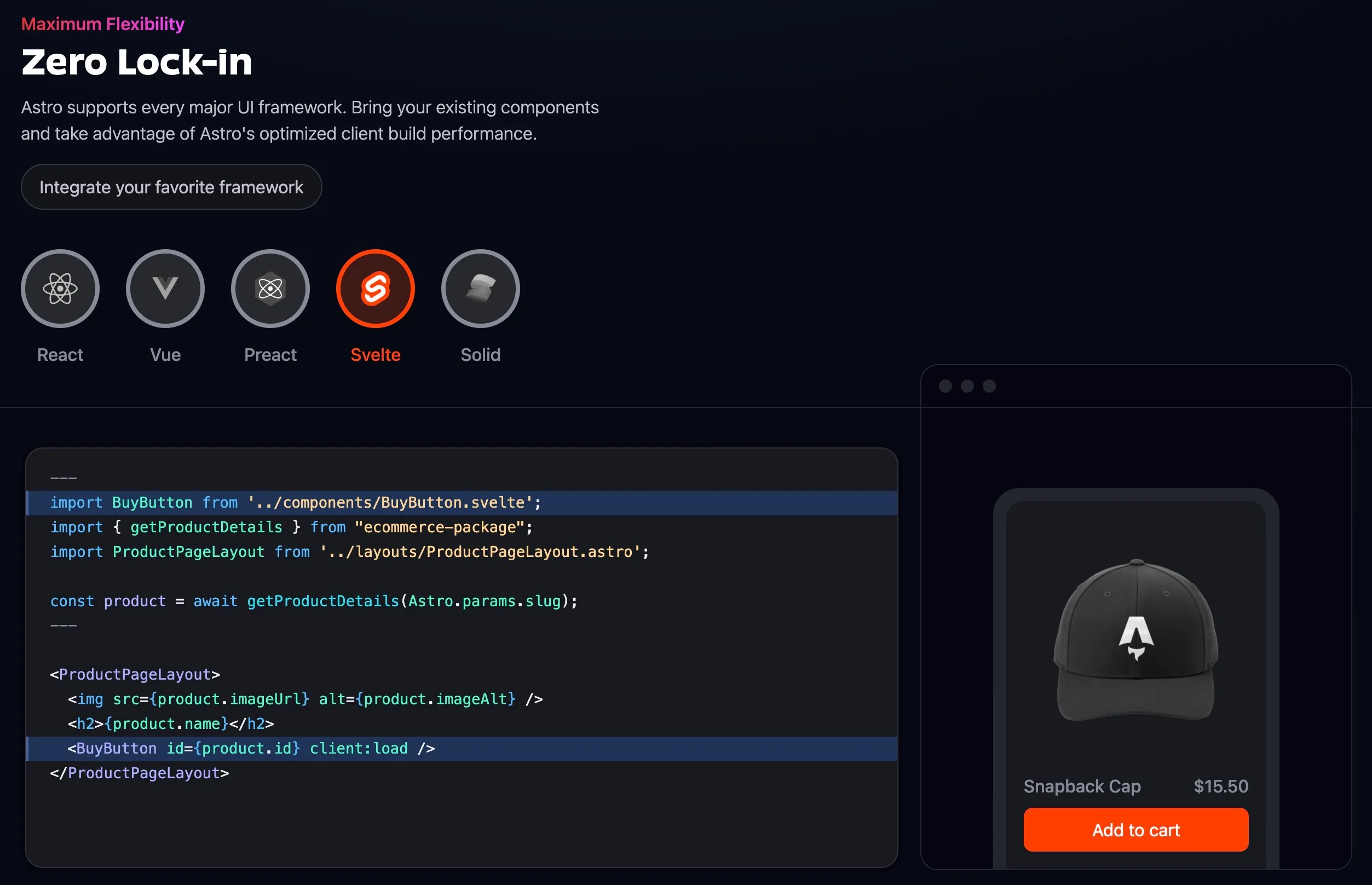 Zero Lock-In for frameworks, showing Svelte code